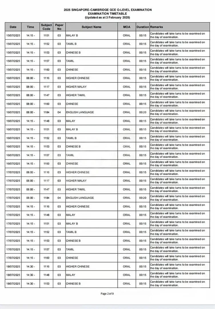 初三考新加坡o level